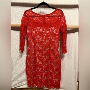 Gorgeous Red Lace 3/4 Sleeve Jennifer Lopez Cocktail Dress